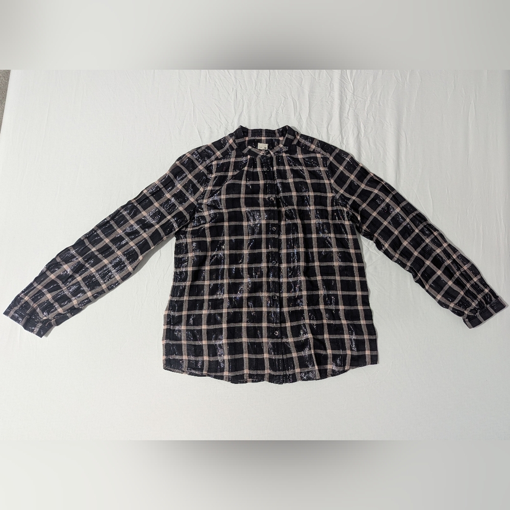 Rebecca Taylor La Vie Black Metallic Plaid Long Sleeve Button Down Shirt Top S